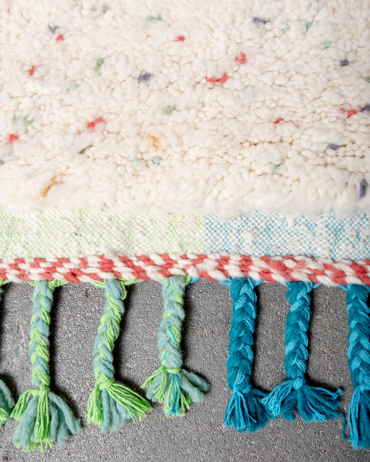 Modern, designer, handcrafted Berber rug from Morocco. Beniourain carpet with beautiful colours and patterns and fluffy wool texture.